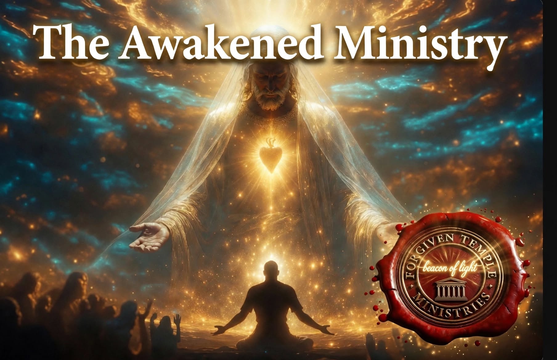 The Awakened Ministry artwork showing a luminous robed figure above a seated figure, with the Forgiven Temple Ministries seal