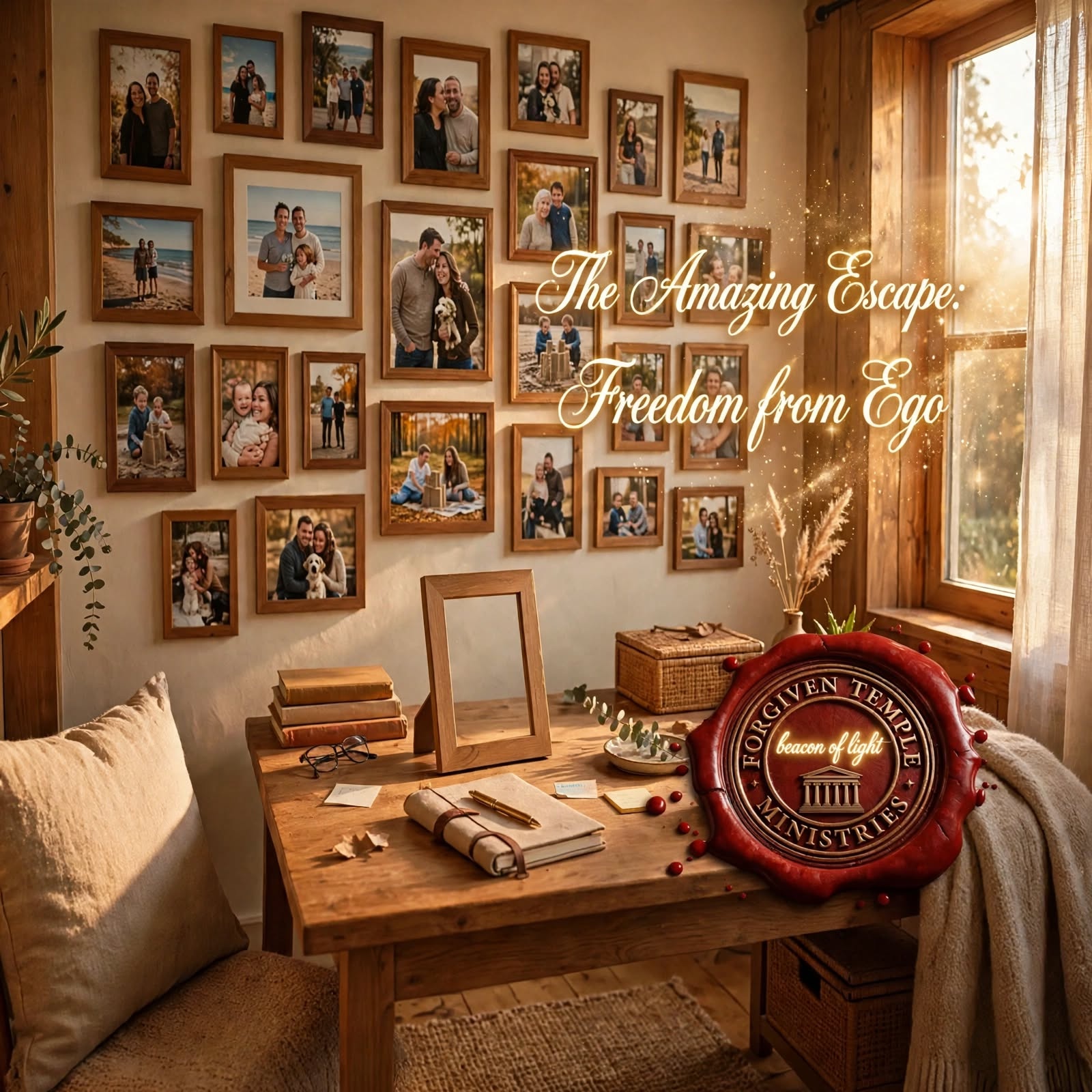 A warm home office with family photographs, Freedom from Ego lettering, and the Forgiven Temple Ministries seal