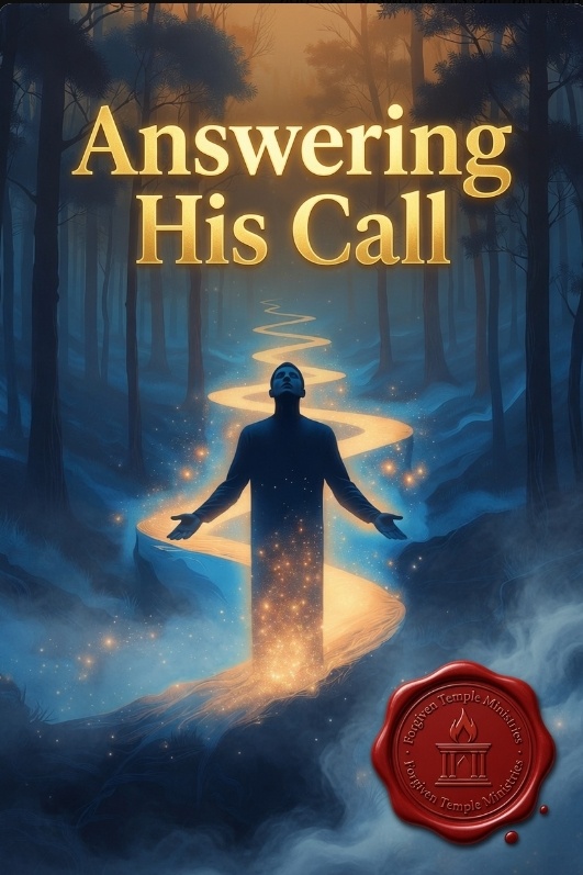 A figure with open arms on a glowing forest path beneath the words Answering His Call, with the Forgiven Temple Ministries seal