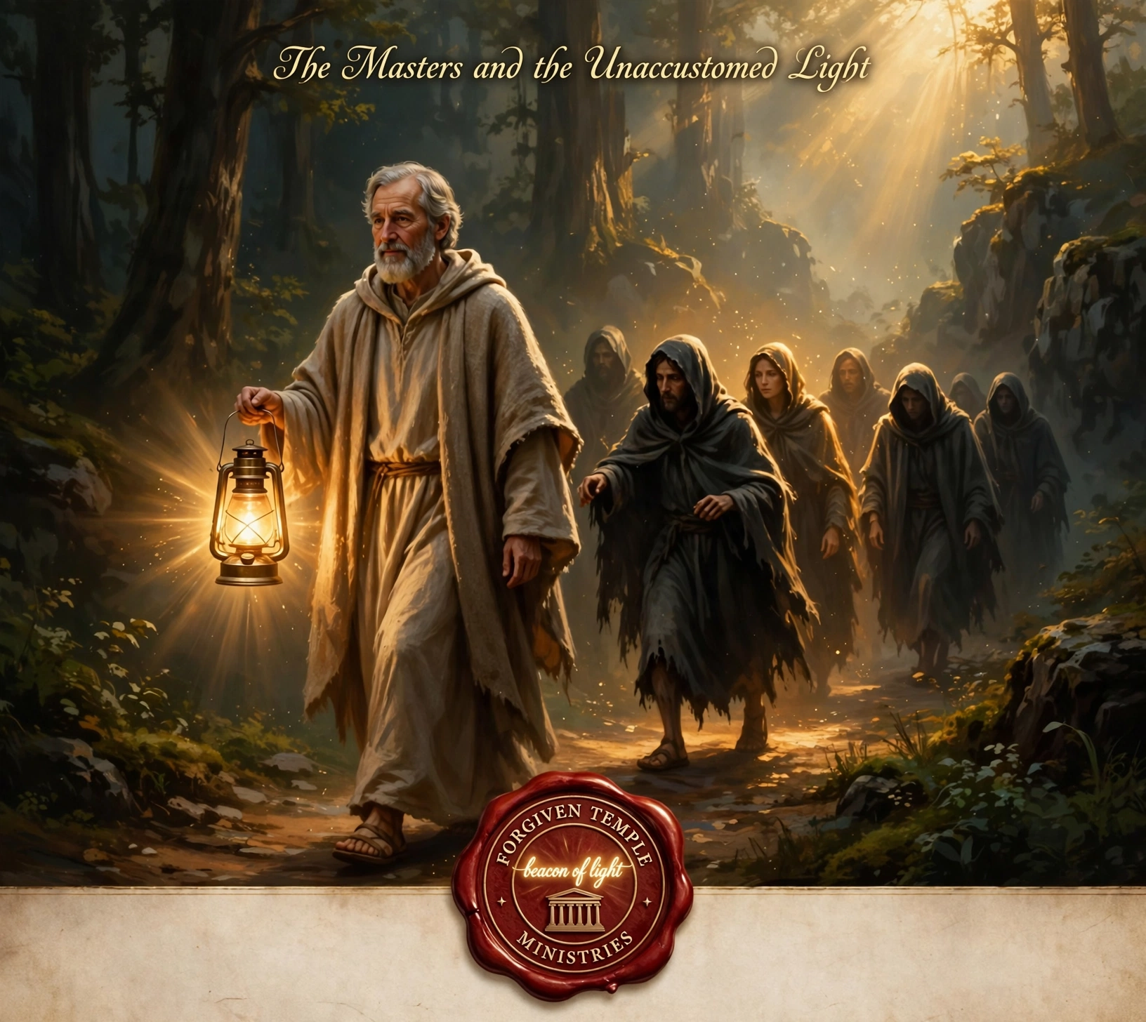 A robed teacher carrying a lantern through a sunlit forest with followers and the Forgiven Temple Ministries seal