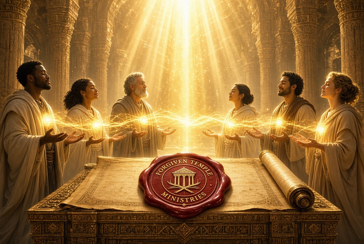 People sharing golden light from their hearts in a sunlit temple