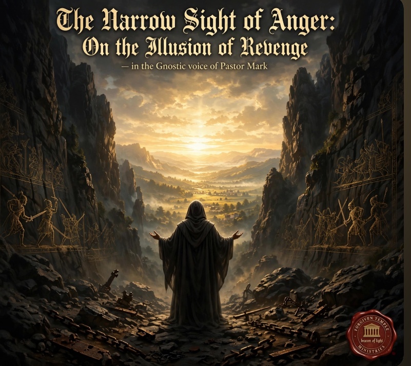 The Narrow Sight of Anger sermon artwork, showing a robed figure facing golden light between shadowed cliffs, with broken chains and the Forgiven Temple Ministries seal