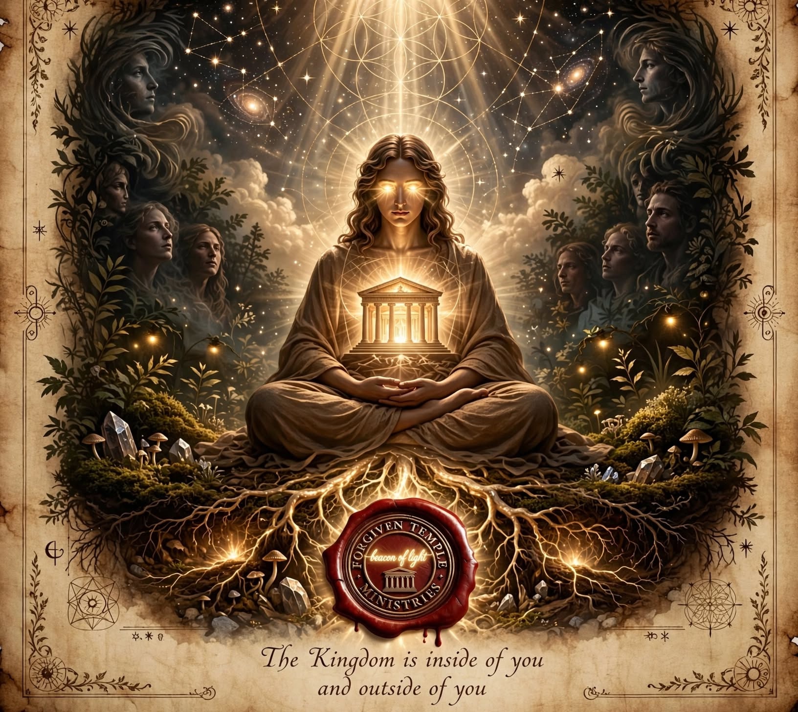 A seated figure with glowing eyes and a temple of light within, surrounded by faces, stars, roots, and the ministry seal