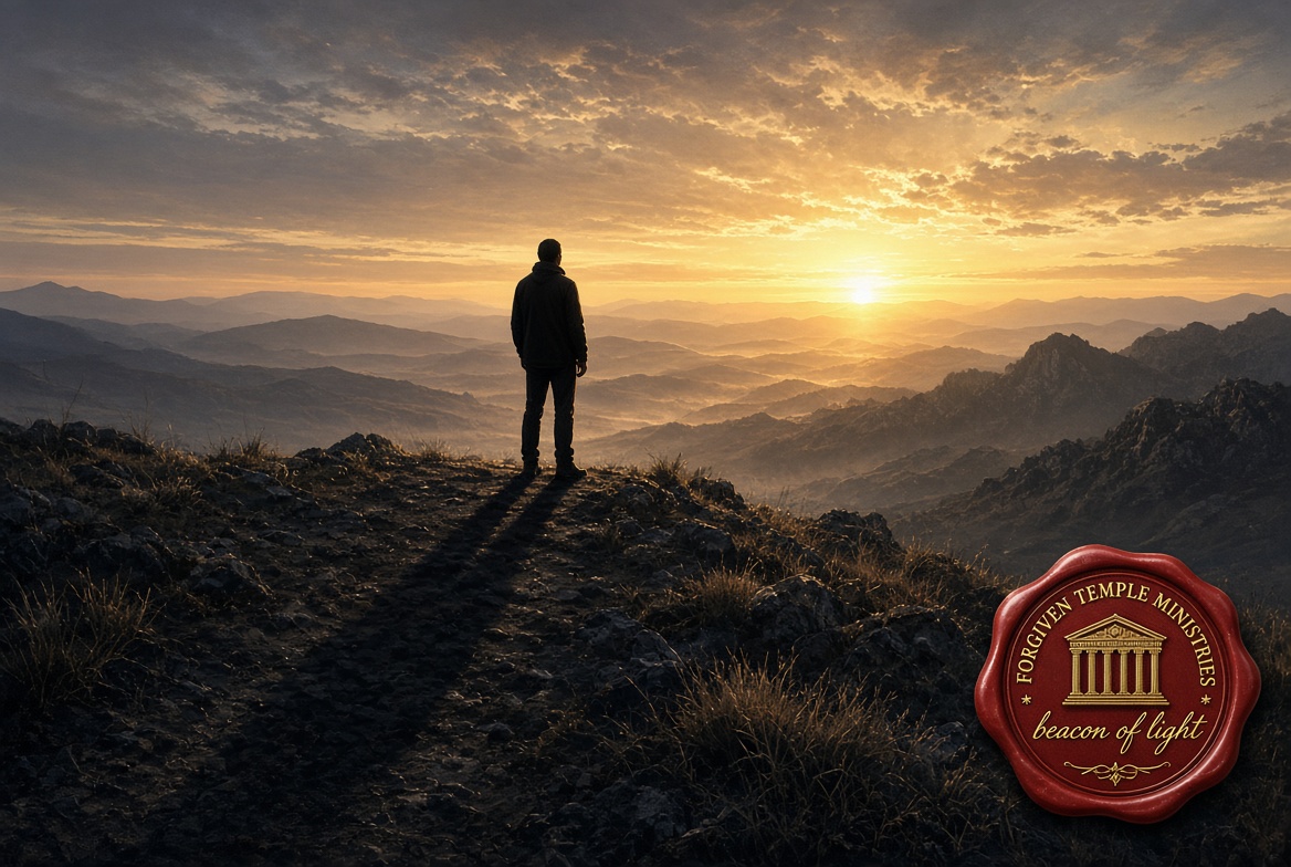 A solitary figure overlooking mountains at sunrise, with the Forgiven Temple Ministries seal