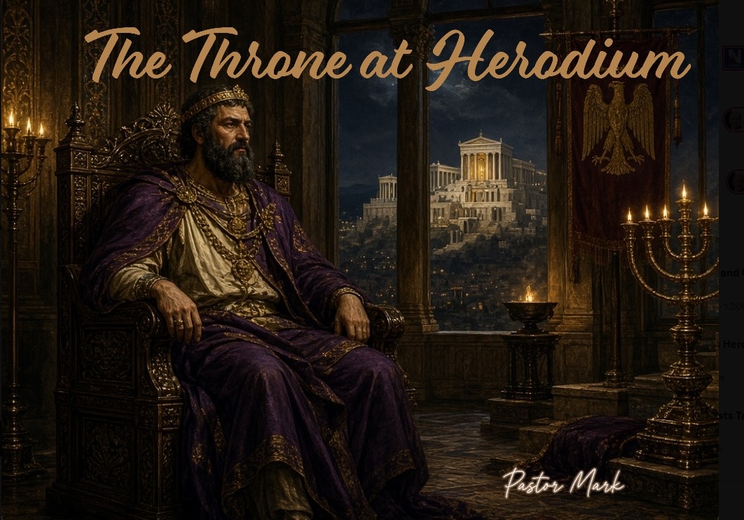 The Throne at Herodium artwork, showing a crowned ruler within a candlelit hall