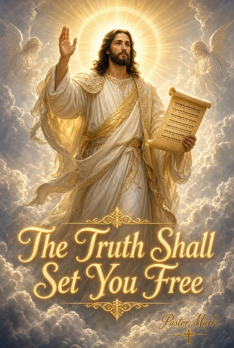 Artwork reading Truth shall set you free, with a sunlit path through the clouds