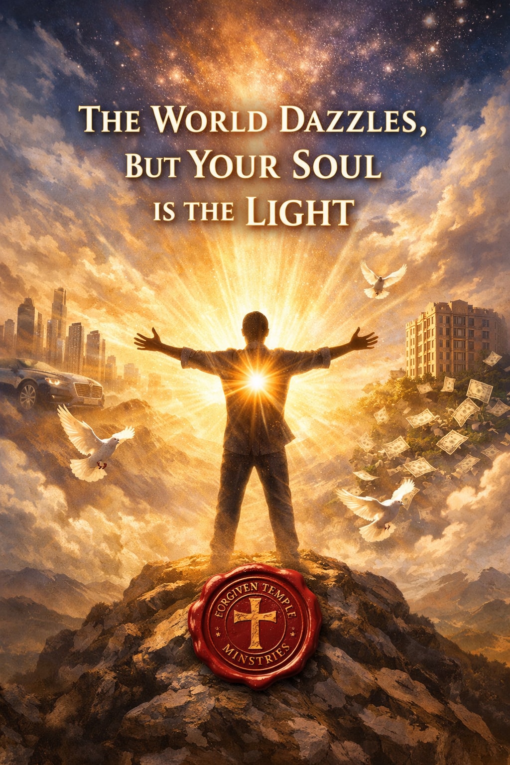 A person standing before radiant light, surrounded by clouds and doves