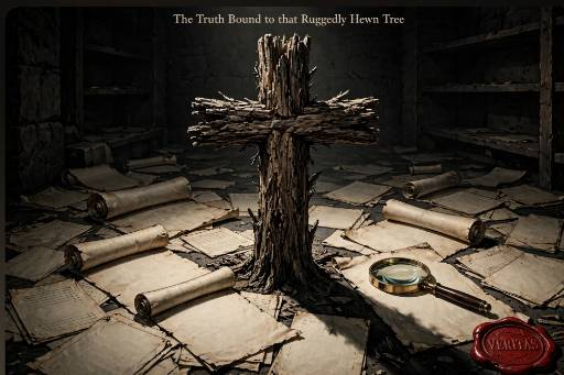 Rugged wooden cross standing among ancient scrolls and documents