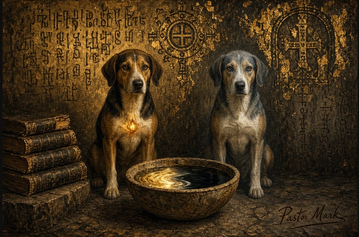 Two dogs beside a single bowl in a candlelit, ancient chamber