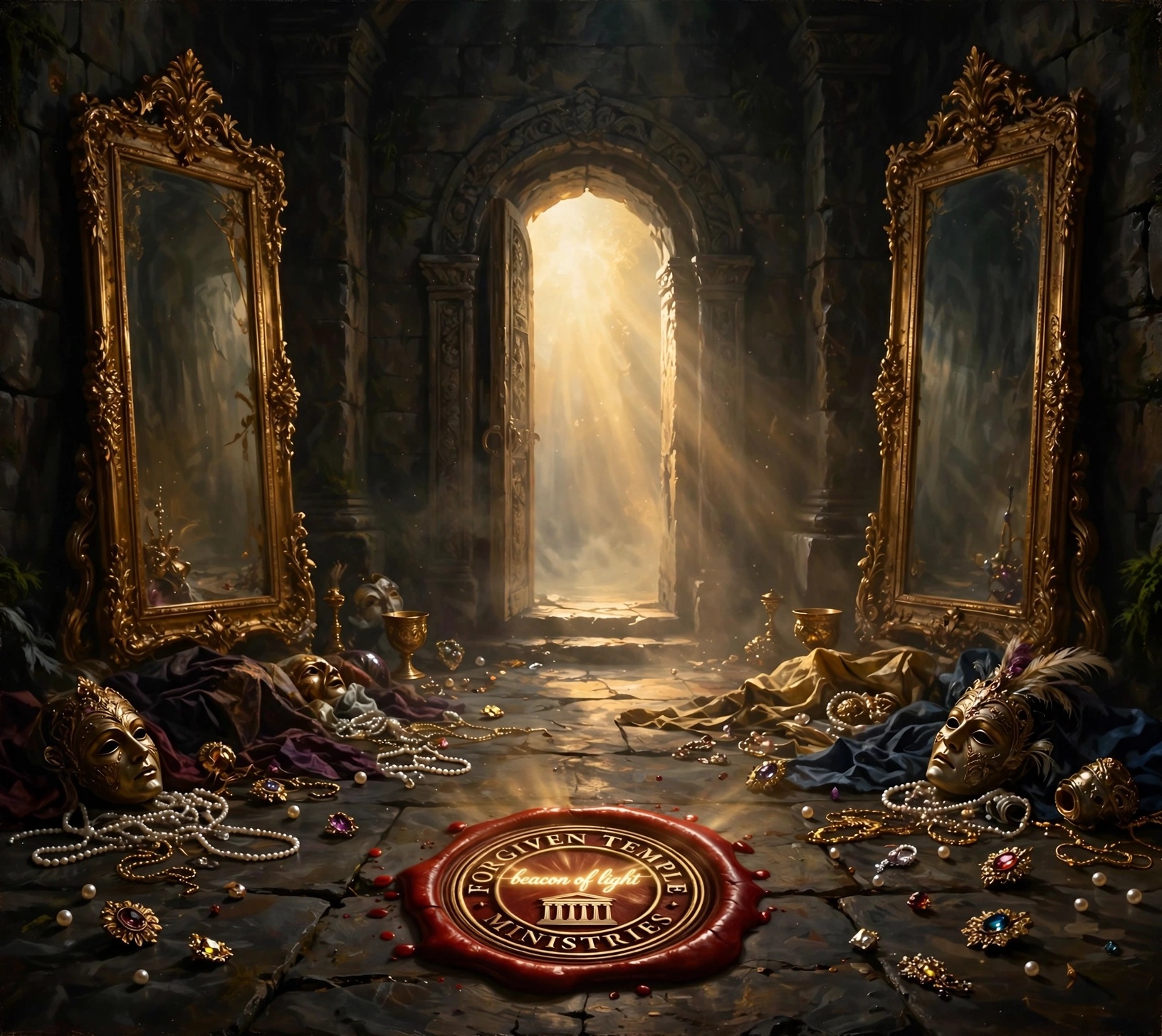Two mirrors beside a glowing doorway into the Bridal Chamber