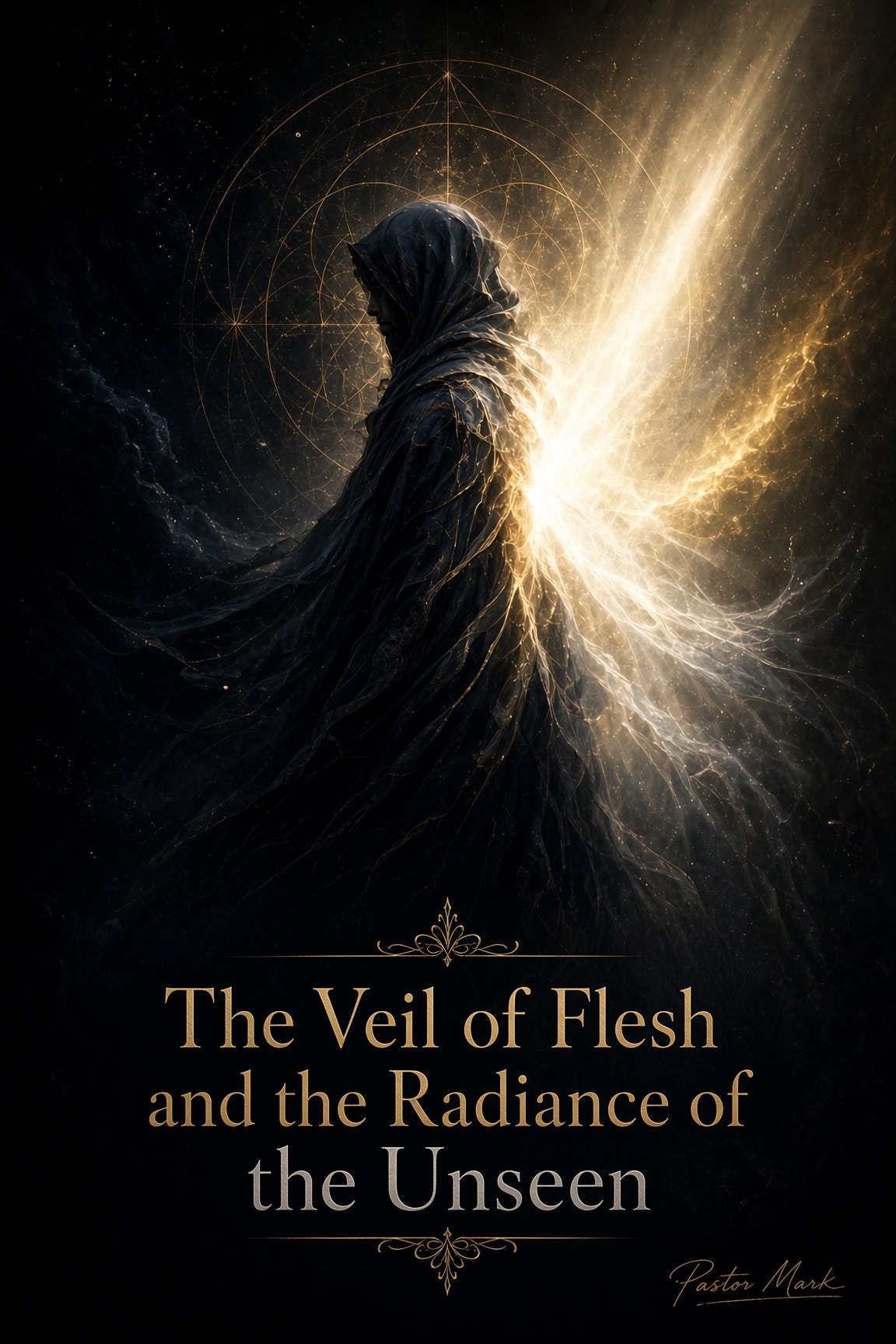 A cloaked figure emerging from darkness into radiant light
