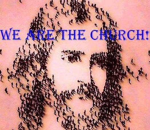 A face formed from many figures, with the words We Are the Church