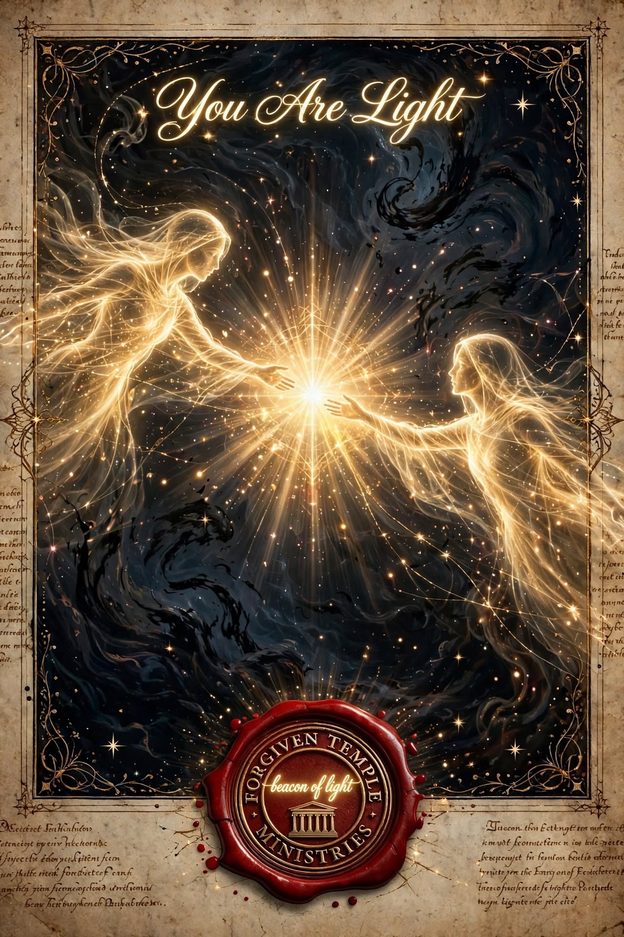 Two luminous figures reaching toward a shared light beneath the words You Are Light, with the Forgiven Temple Ministries seal