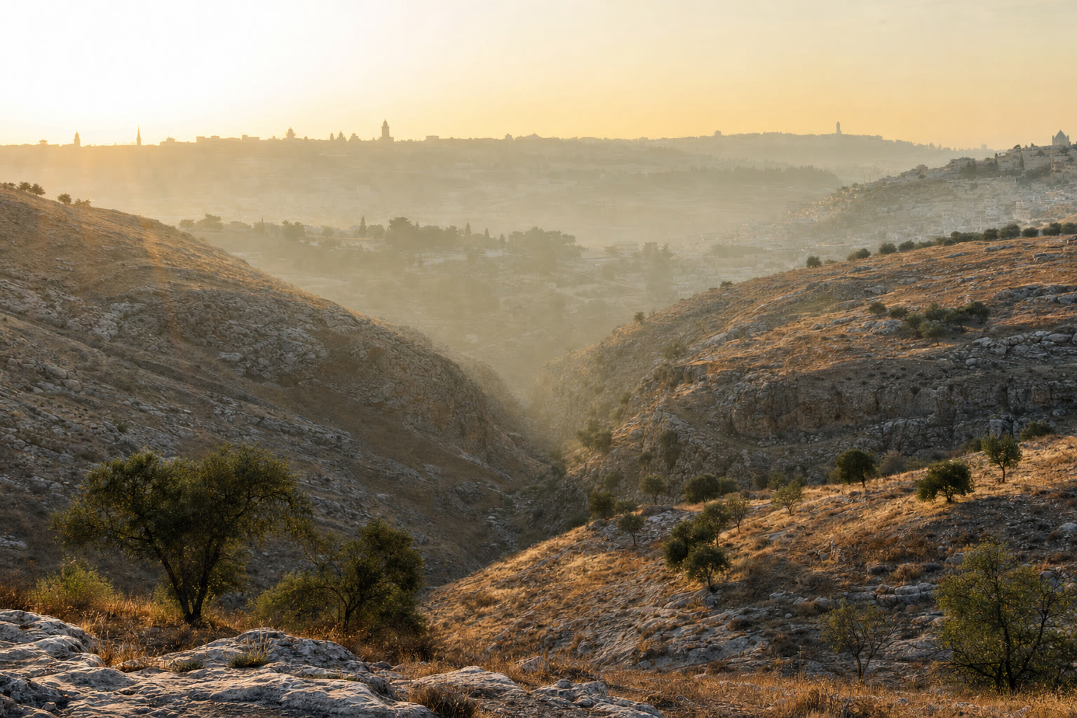Illustrative sunlit limestone valley at sunrise