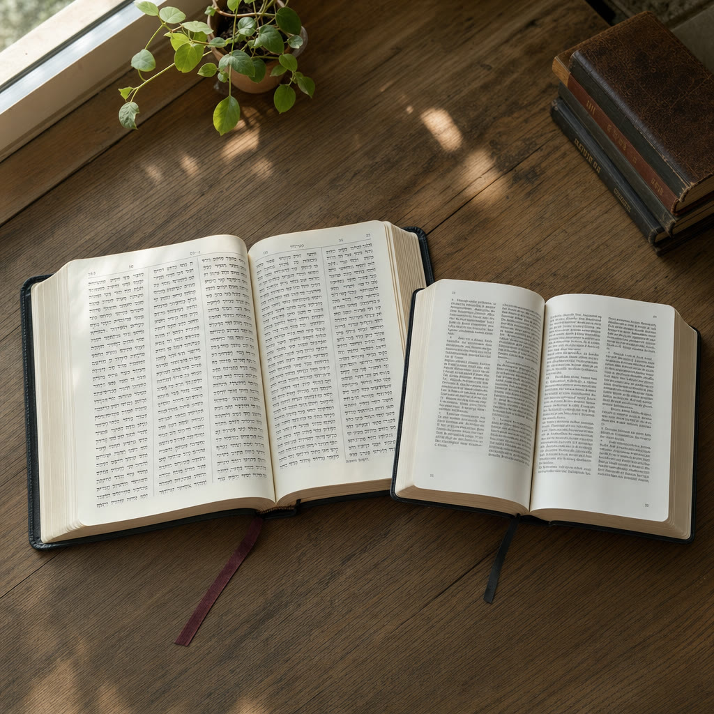 Open Hebrew and Greek biblical texts on a wooden study table