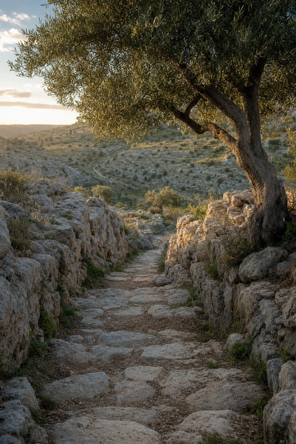 Illustrative stone path through a quiet limestone valley