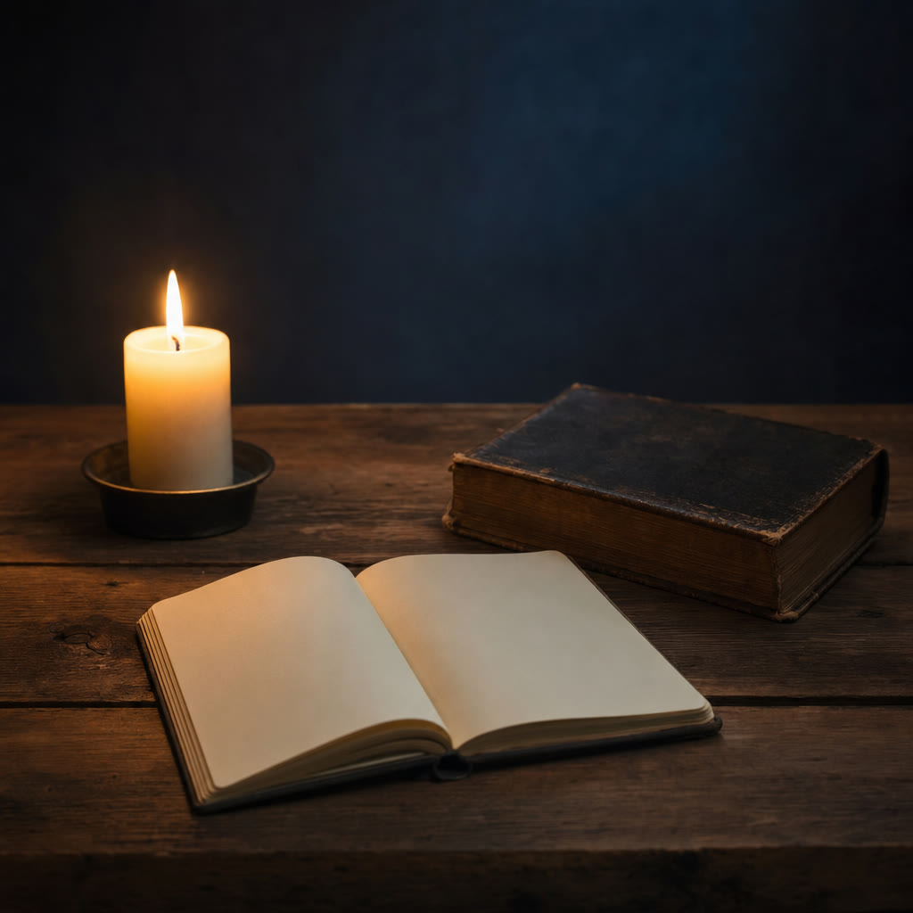 Candle beside an open notebook and an old Bible on a wooden table