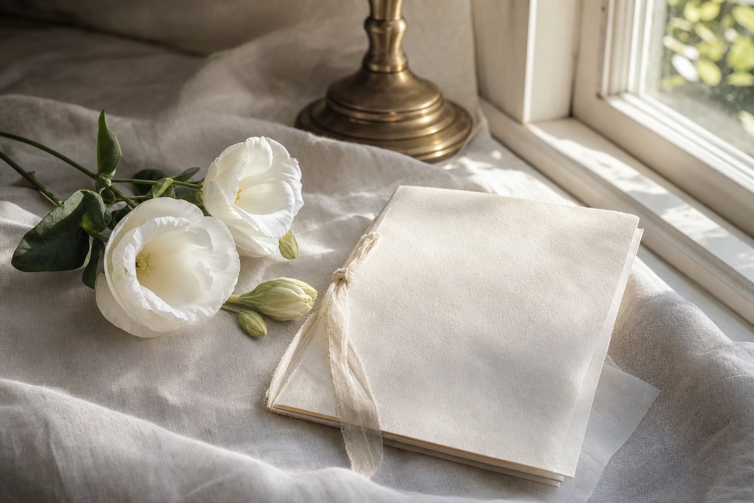 White flowers and a ceremony booklet on linen