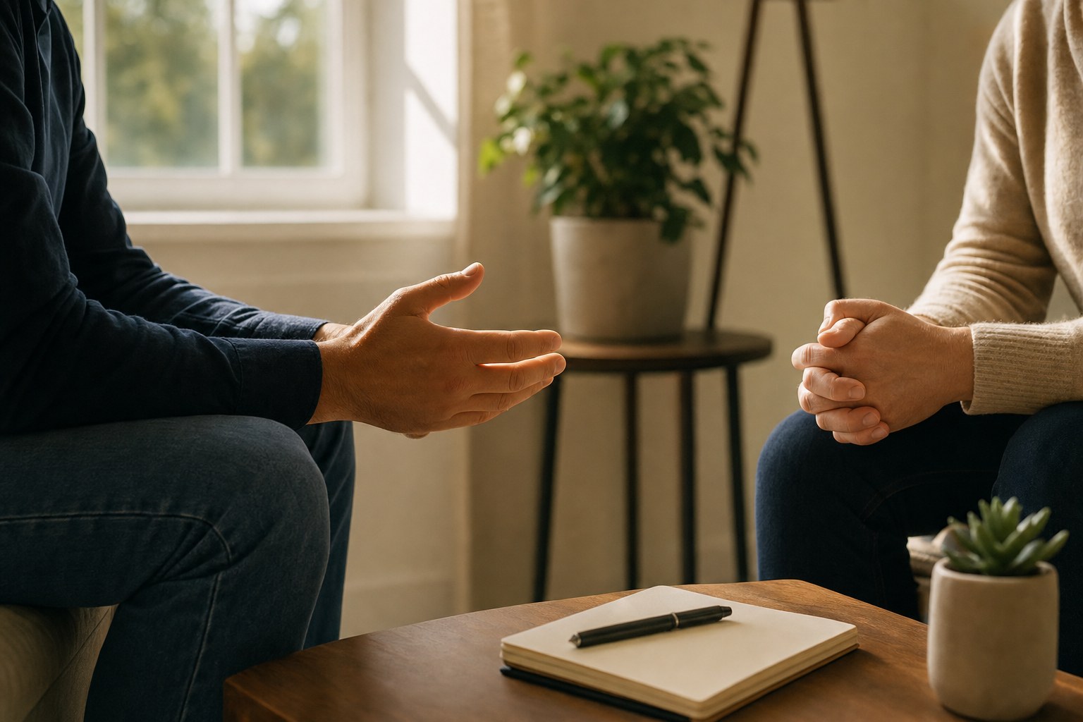 A calm conversation in a sunlit room