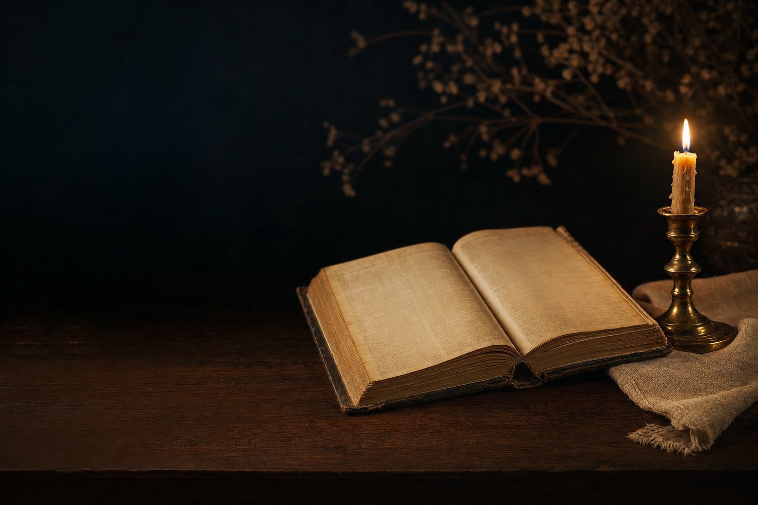 An open scripture book beside a candle