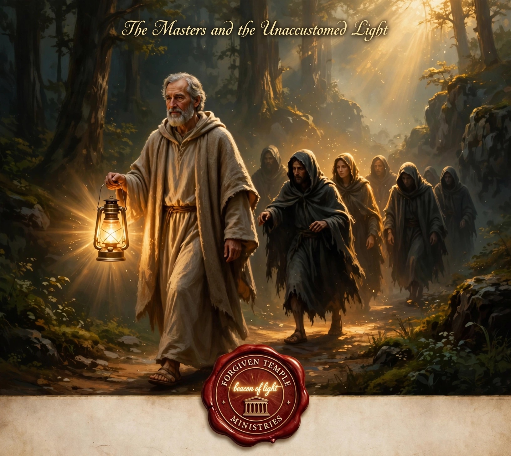 The Masters and the Unaccustomed Light artwork with the Forgiven Temple Ministries seal