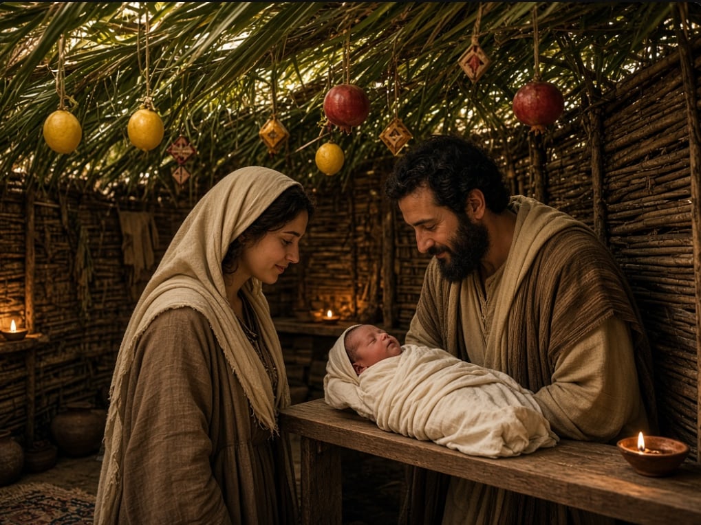 Miryam and Yousef with the infant Yehoshua in a tabernacle