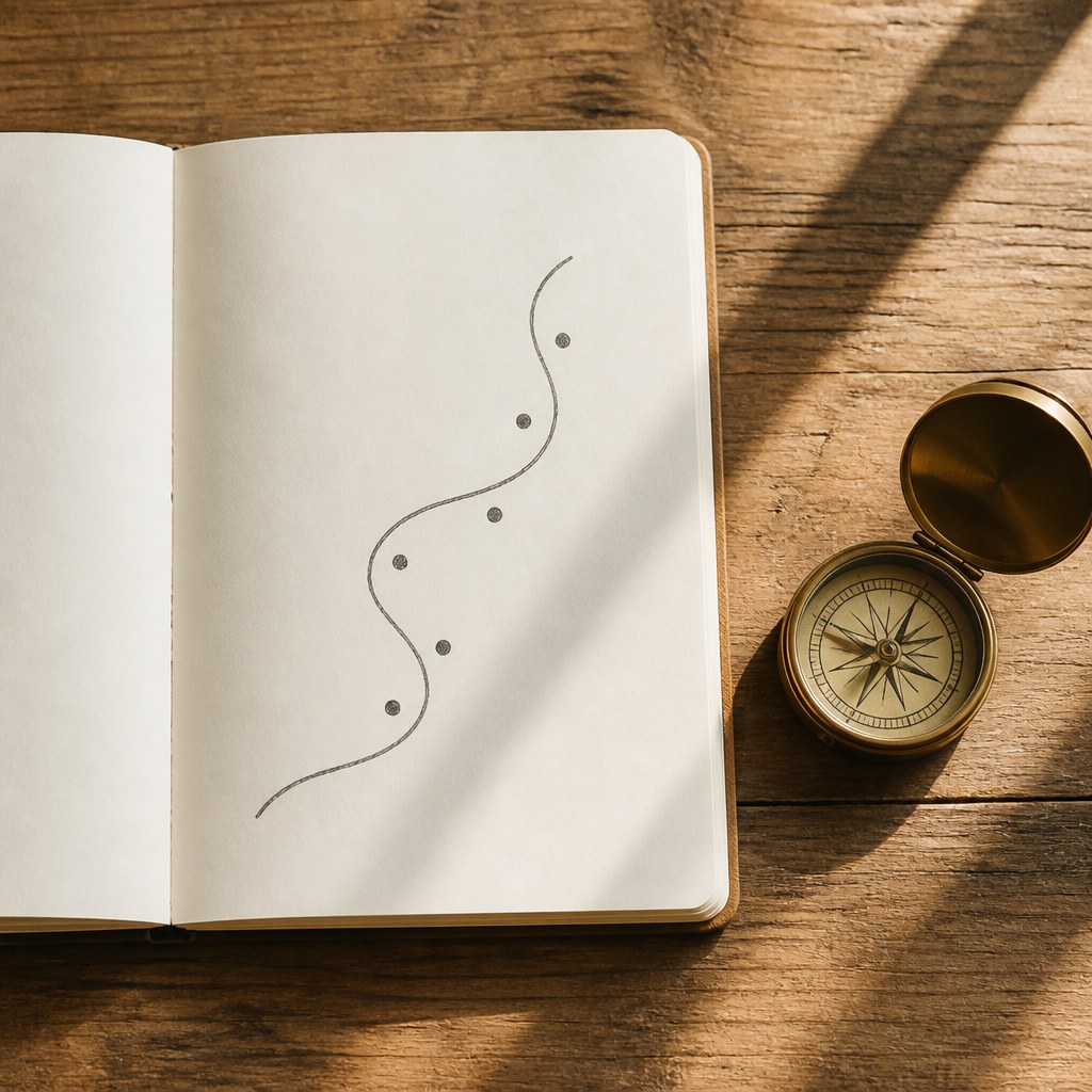 Notebook with a hand-drawn path and a compass on a wooden table
