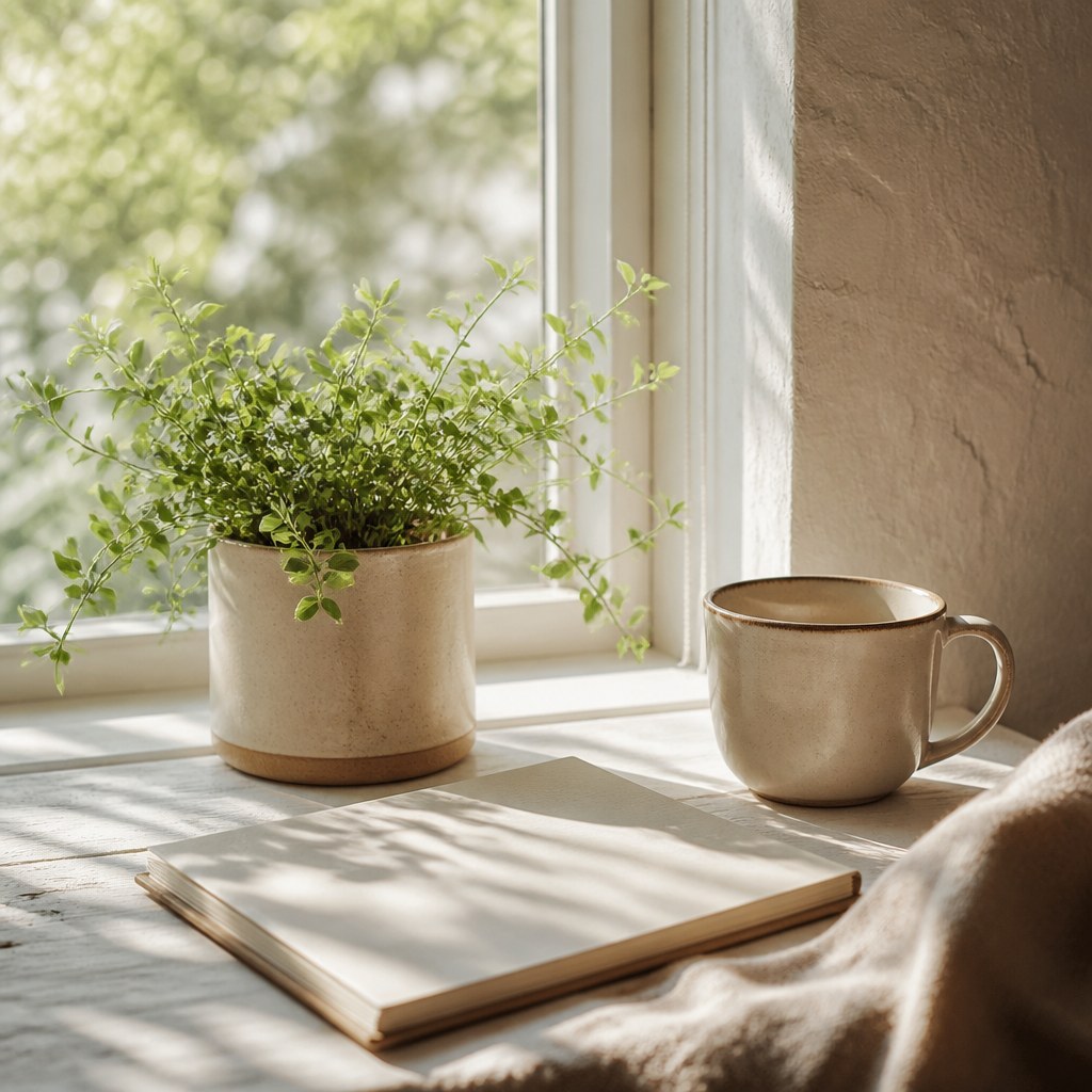 A green plant, notebook and ceramic cup in morning light