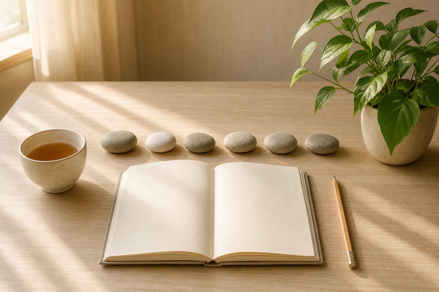 A blank journal, pencil, tea and six smooth stones arranged across a wooden desk