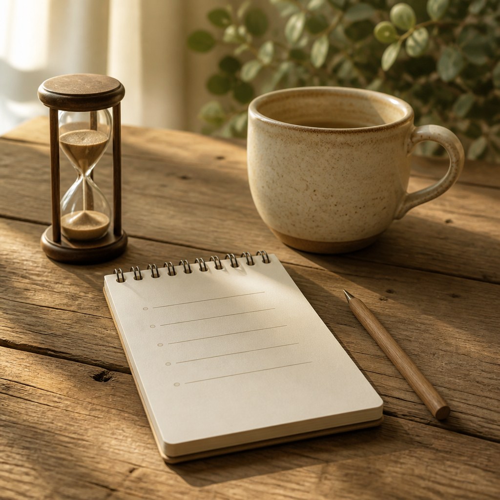 A sand timer, blank notebook and cup on a wooden table