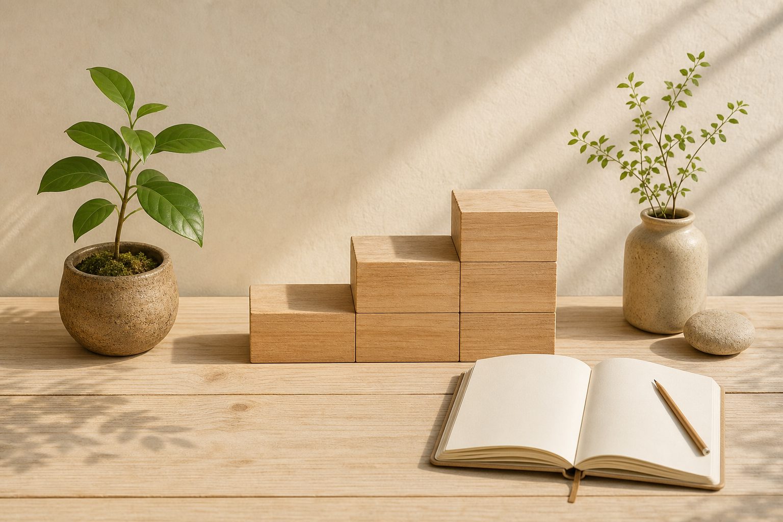 Wooden blocks forming three steps beside an open journal, pencil and a small plant