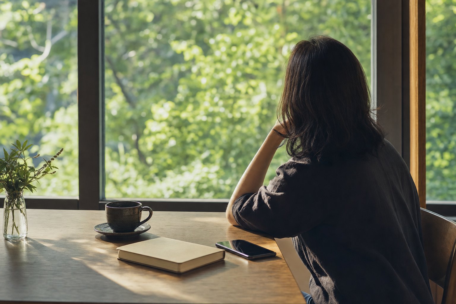 A person pausing beside a sunlit window with a phone facedown on the table