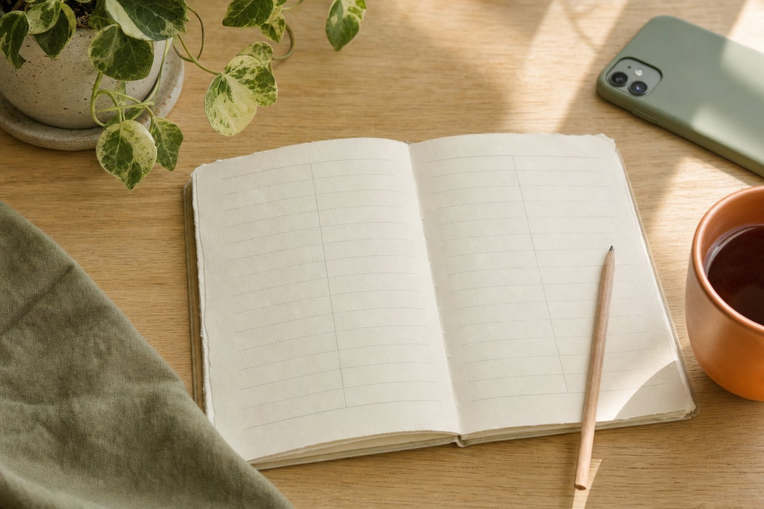 An open notebook, pencil, plant, tea, and facedown phone on a sunlit table