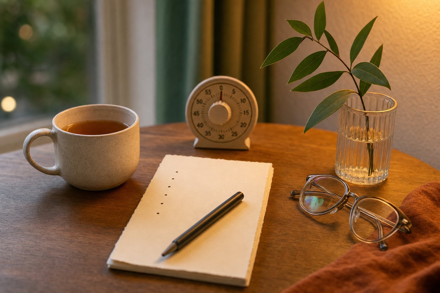 A cup of tea, small timer, handwritten list, glasses, and leafy branch on a warm table