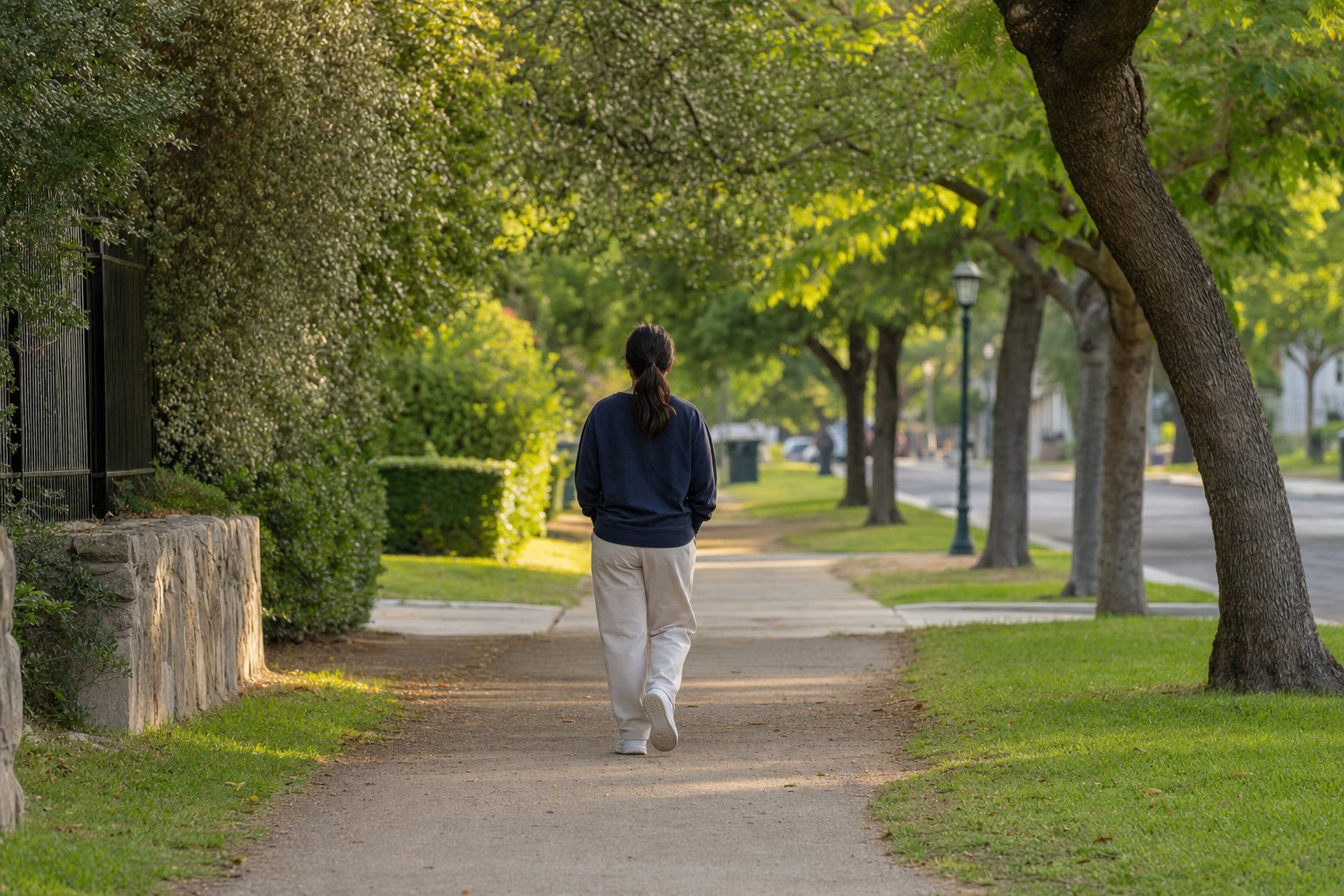 A person taking a quiet walk on a leafy neighborhood path