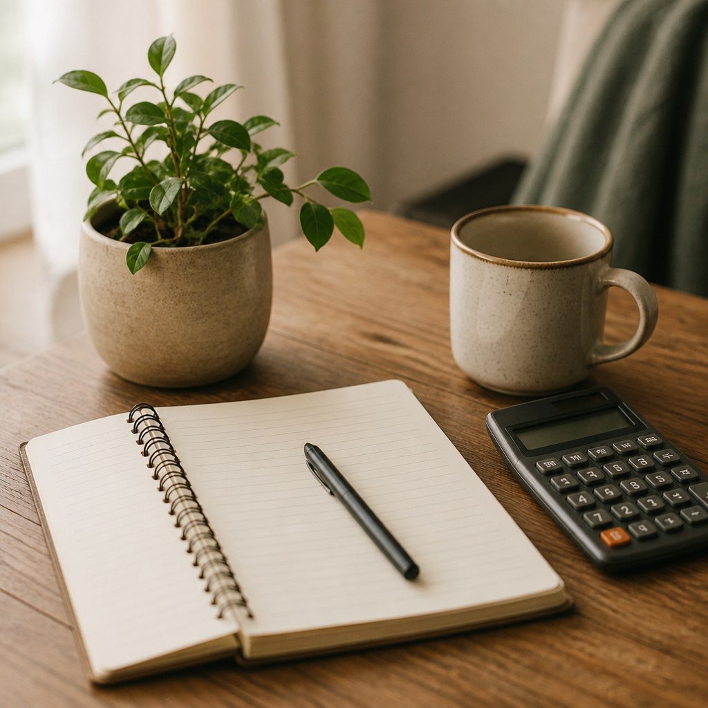 A notebook, calculator, plant and ceramic cup on a wooden table