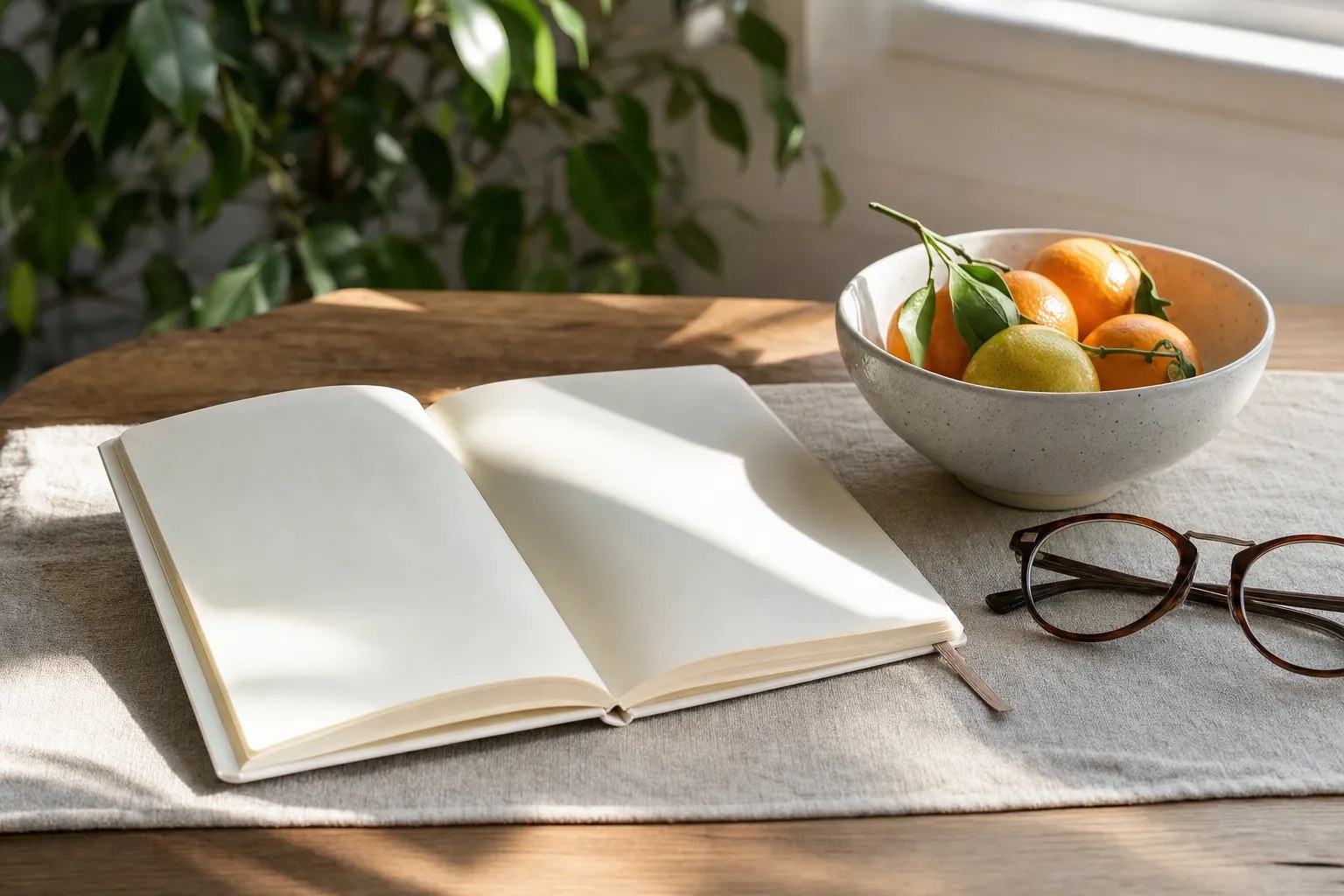 A blank notebook, citrus fruit, and reading glasses in afternoon light