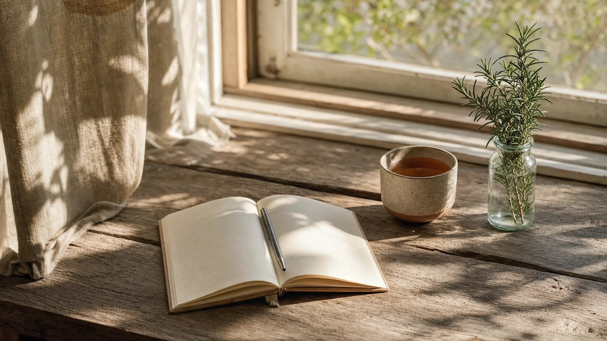 An open journal, tea, and rosemary beside a sunlit window