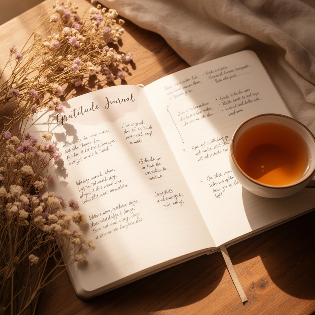 An open journal and tea on a wooden table