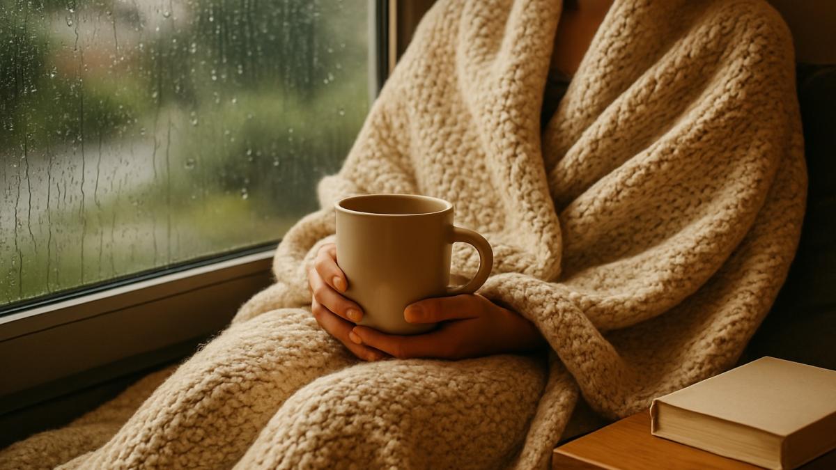 A warm mug and blanket beside a rainy window