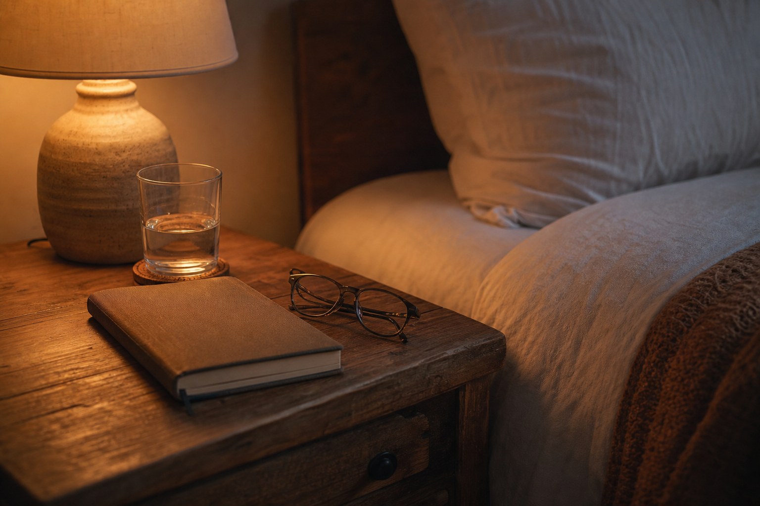 A bedside table with a closed journal, reading glasses, lamp, and water glass at dusk