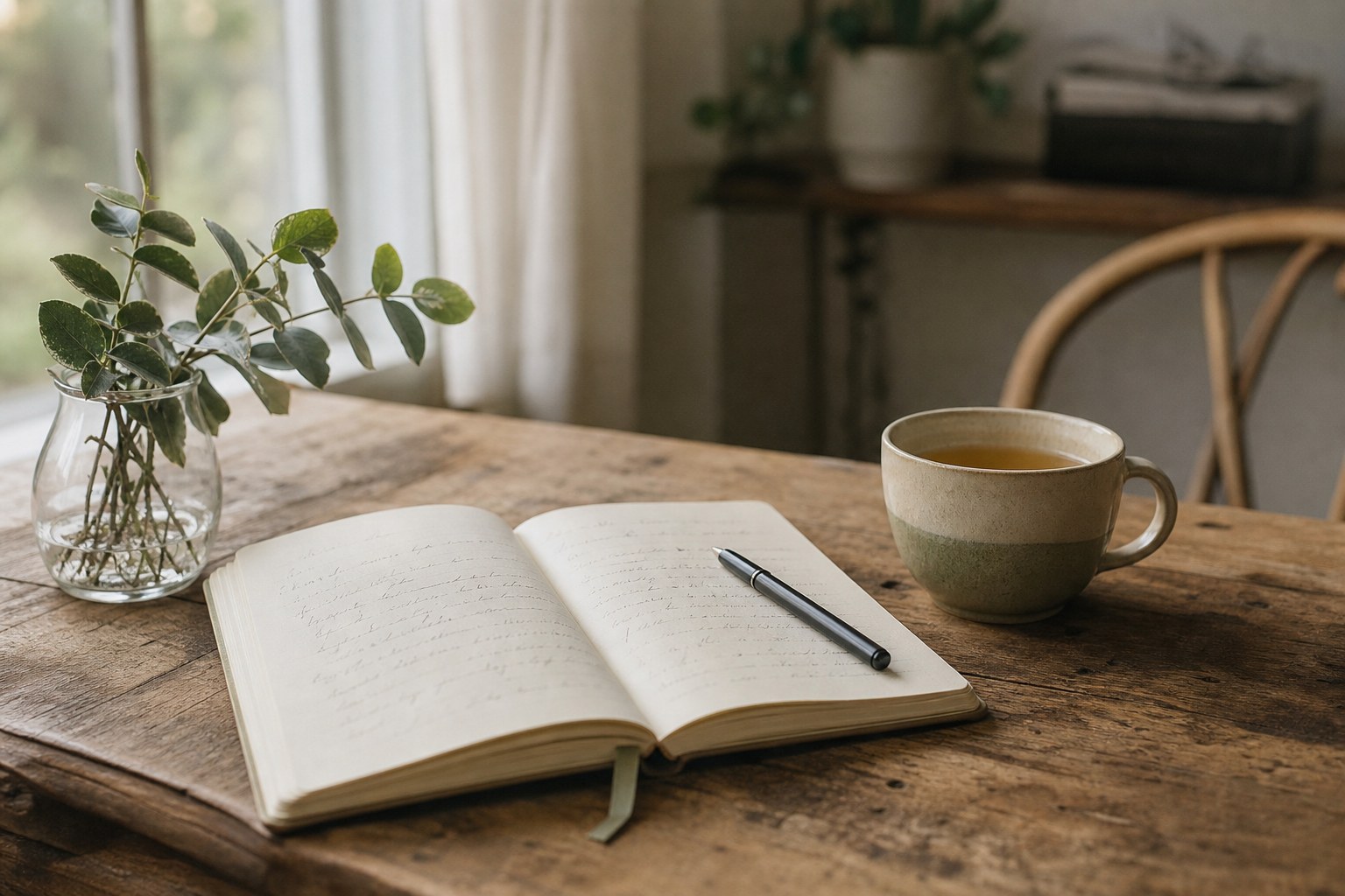 An open journal, pen, tea cup, and leafy branch on a wooden table