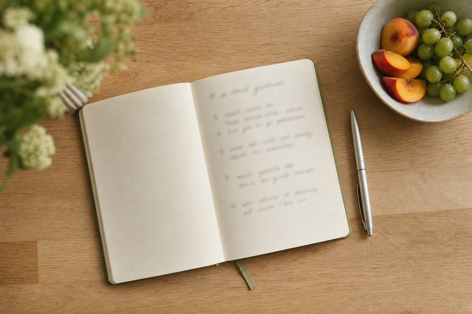 An open notebook with a softly blurred handwritten list beside fruit and a pen