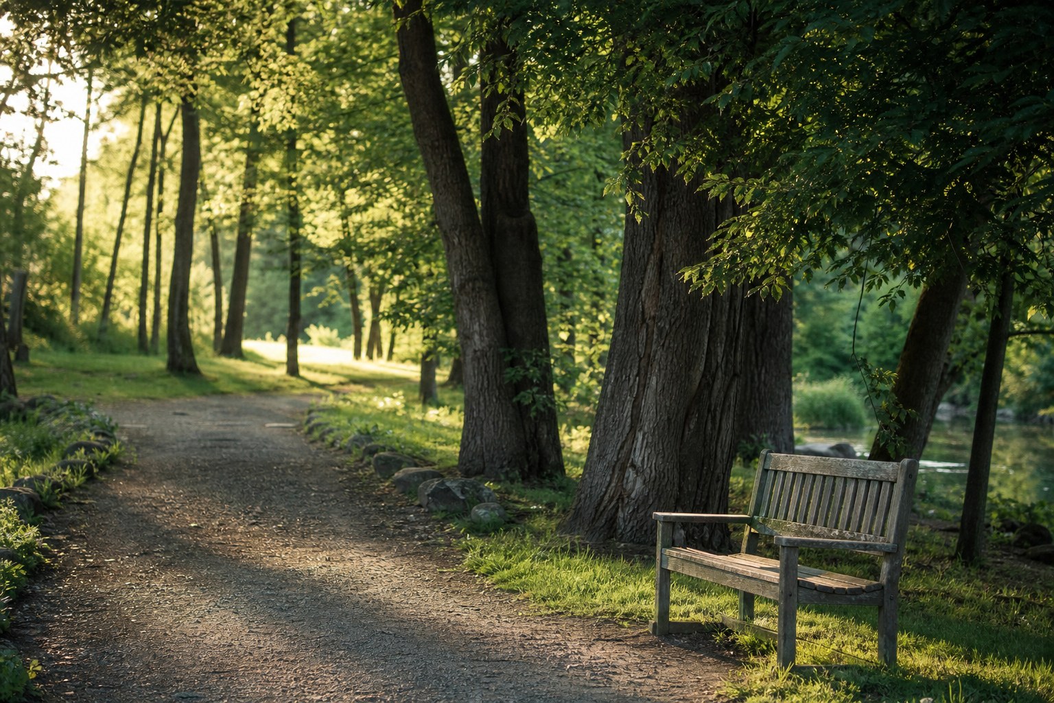 A quiet wooded path with a bench in gentle late-afternoon light