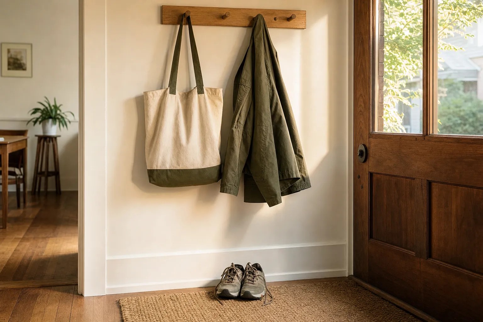 Walking shoes, a canvas tote, and a jacket in a sunlit home entryway