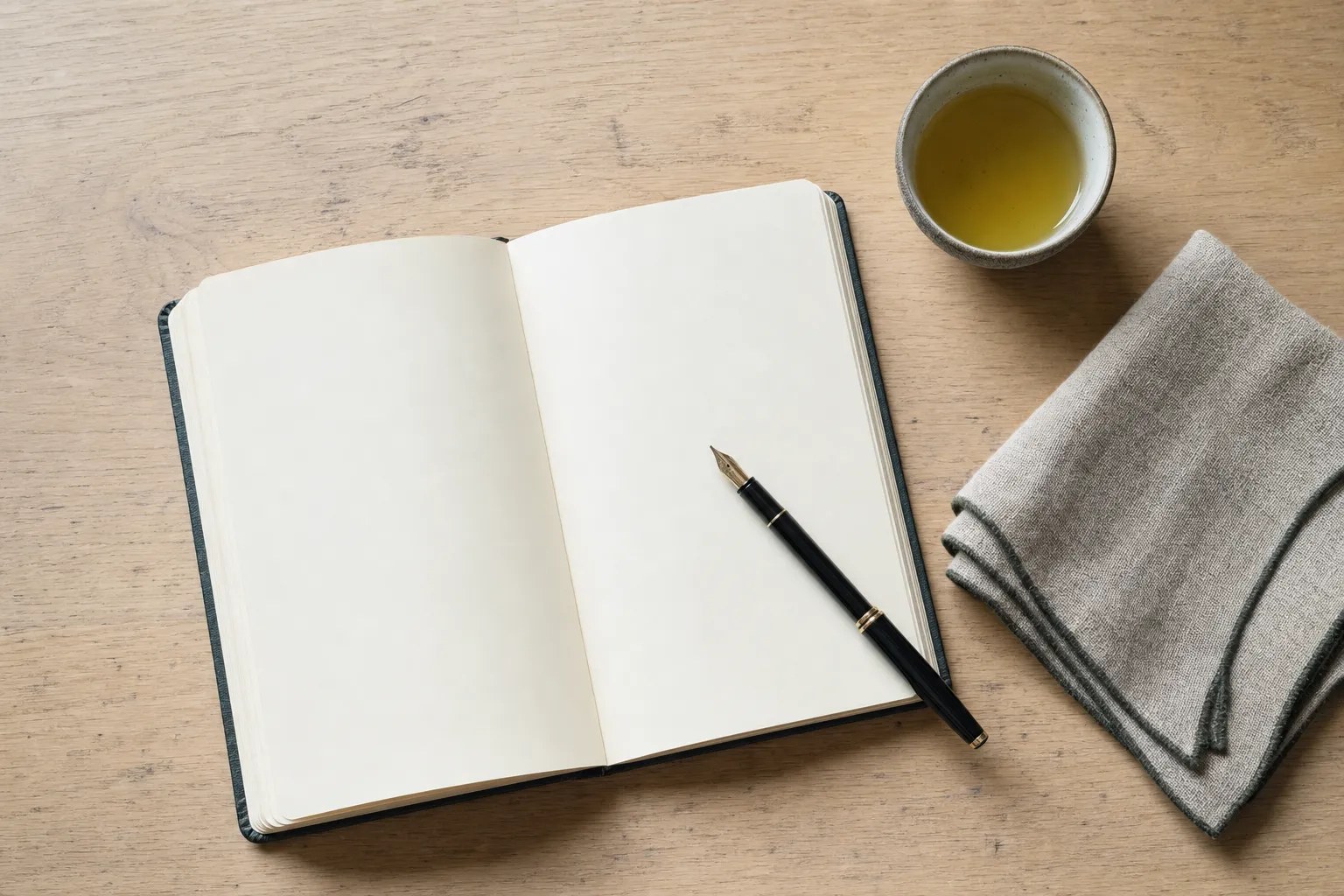 A blank journal, fountain pen, folded linen, and tea on a wooden table