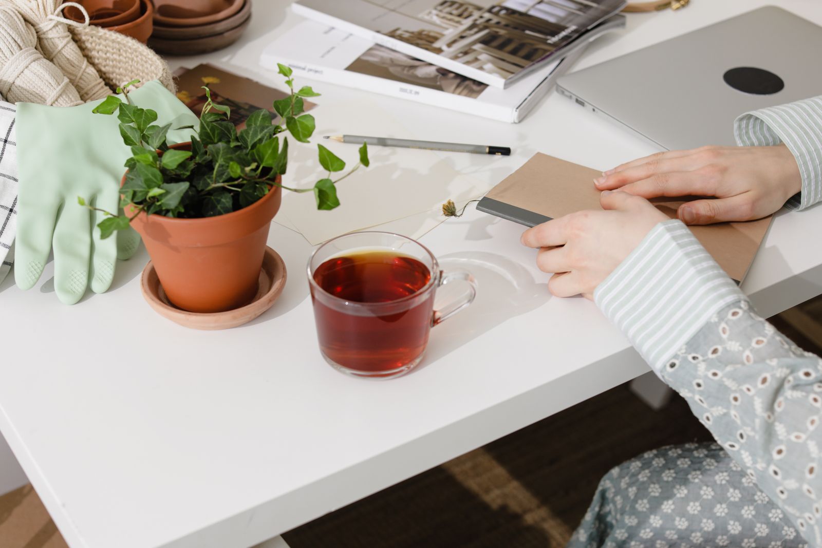 A person writing in a notebook beside tea and a houseplant