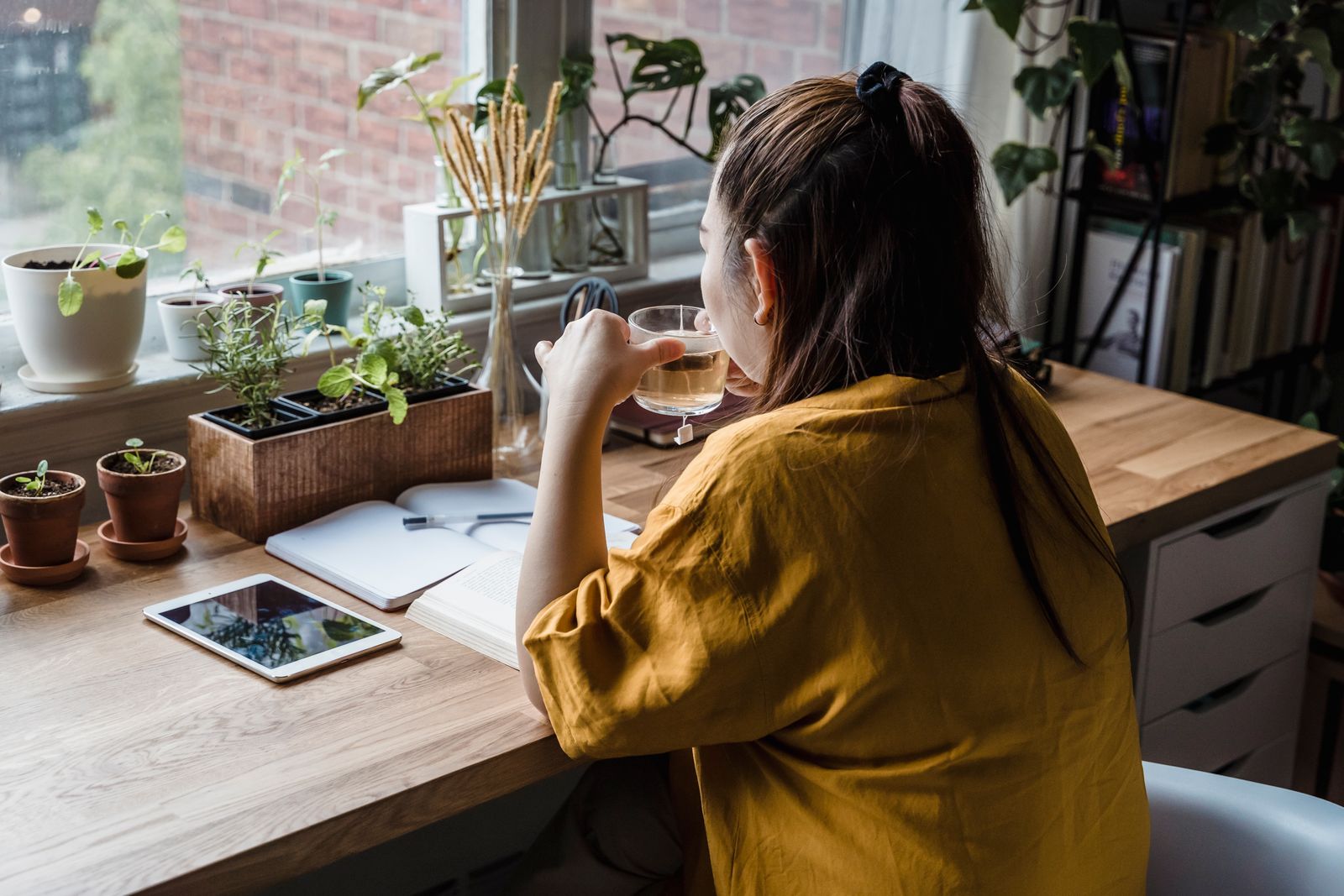 A person taking a quiet tea break at a desk with notebooks and houseplants