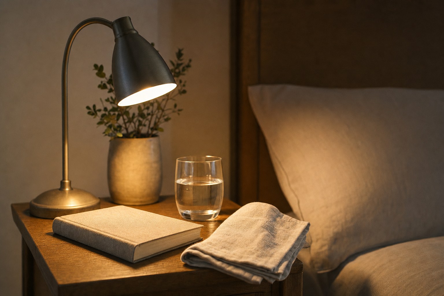 A bedside table with a book, water glass, reading lamp, and folded linen at dusk