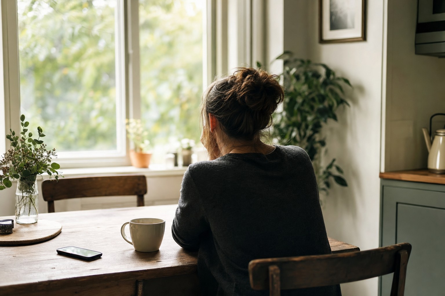 A person pausing at a kitchen table beside a phone and cup of tea